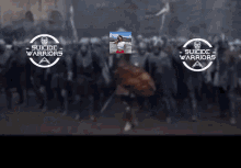 a suicide warriors logo is displayed in front of a crowd of soldiers