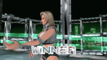 a woman in a video game has the word winner on her chest