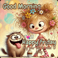 a cartoon girl with flowers in her hair and a cat saying good morning i love you happy friday