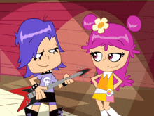 a cartoon character playing a guitar next to another cartoon character