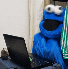 a cookie monster sitting in front of a laptop