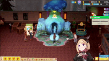 a screenshot of a video game with a girl in front of a building