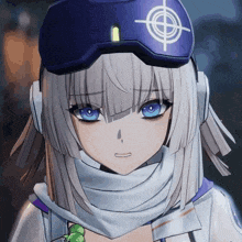a girl with white hair and blue eyes wearing a target hat