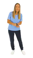 a woman in a blue scrub top and black pants is standing in front of a white background