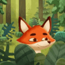 a cartoon fox is peeking out from behind some leaves in the woods