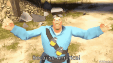 a cartoon character says " because america " in a video game