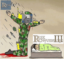 a cartoon of a soldier with his arms outstretched next to a bed with the words risk unversals iii on it