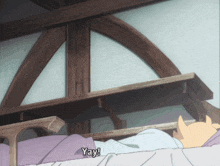a cat is laying on a bed with the words yay written on it