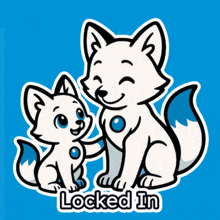 a cartoon of two foxes sitting next to each other with the words " locked in " below them