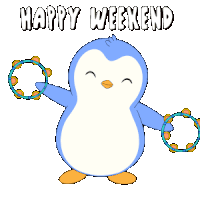 a penguin is holding two tambourines and the words happy weekend are above it