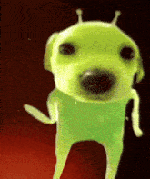 a green dog with a red background and antennas on its head