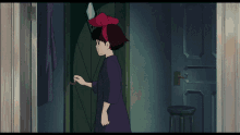 a girl in a purple dress is standing in a doorway