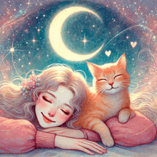 a painting of a girl sleeping with a cat under the moon