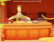 a sock puppet is sitting at a desk with the words prosecutor " rekt " on the top