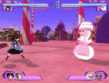 a video game shows a snowman and a girl fighting each other