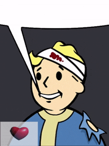 a cartoon character with a bandage on his head and a heart in the background