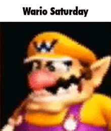 a cartoon of wario wearing a yellow hat and purple shirt