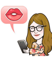 a cartoon of a woman holding a cell phone with a speech bubble with a picture of a kiss on it .
