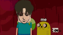 a cartoon character with a snake around his neck is standing next to a cartoon character with the word me on the bottom