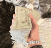 a person holding a stack of 20 dollar bills with the words bytespy users on the bottom