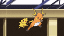 a cartoon drawing of a pikachu and a raichu flying in the air