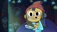 a cartoon drawing of a girl holding a game controller