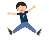 a boy with a cross on his shirt is jumping in the air with the words hi siswa behind him