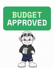 a green budget approved sign with a cartoon character