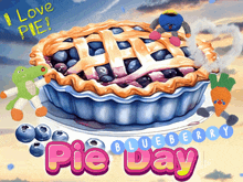 a blueberry pie day advertisement with stuffed animals around the pie