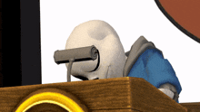 a cartoon character sitting at a podium with a microphone