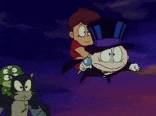 a cartoon of a boy in a top hat and a cat