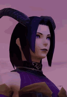a woman with purple hair and horns is wearing a purple dress and a purple necklace .