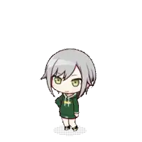 a cartoon girl with gray hair and green eyes is wearing a green hoodie and standing on a white background .