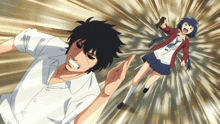 a man and a girl are fighting in a anime scene