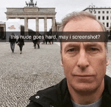 a man is taking a selfie with a caption that says this nude goes hard may i screenshot