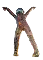 a statue of an astronaut with his arms outstretched against a white backdrop