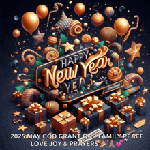 a happy new year greeting card with gifts and balloons