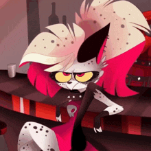 a cartoon drawing of a dalmatian with pink hair and yellow eyes