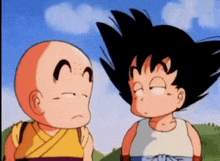 two cartoon characters , goku and krilin , are standing next to each other and looking at each other .