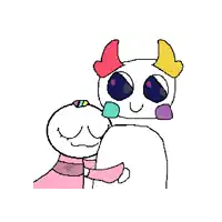 a pixel art drawing of a clown holding a baby .