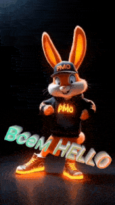 a cartoon rabbit wearing a hat and a hoodie that says pmo
