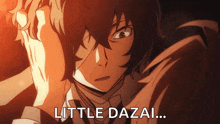 a close up of a person with the words little dazai written on the bottom