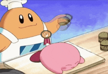 kirby is laying on a cutting board next to a cartoon character