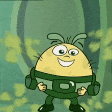 a cartoon character with a yellow face and green pants