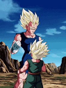 a cartoon of a man standing next to a boy with blonde hair