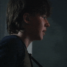 a close up of a young man 's face with a mullet