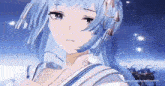a close up of a blue haired anime girl with a sad look on her face .