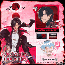 a picture of a vampire that says blood sucker cock sucker on it