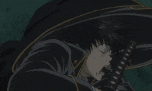a close up of a person holding a sword with their mouth open