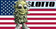 a cartoon character covered in money stands in front of an american flag and a sign that says $ lotto